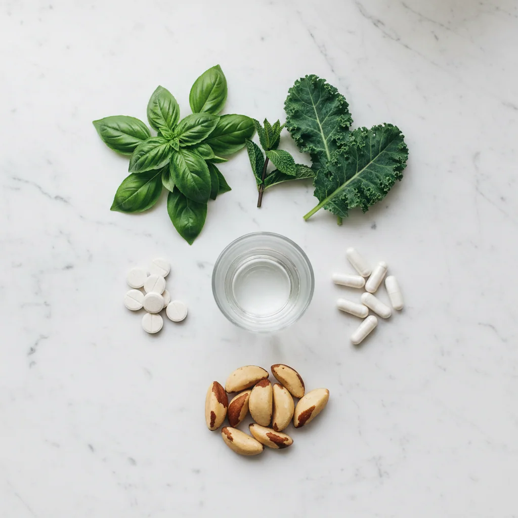 Naturliga ingredienser: zink magnesium kapslar och örter på marmor